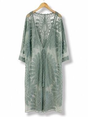 Boho Embroidered Lace Kimono Duster Sheer Beach Cover Up Resortwear OS